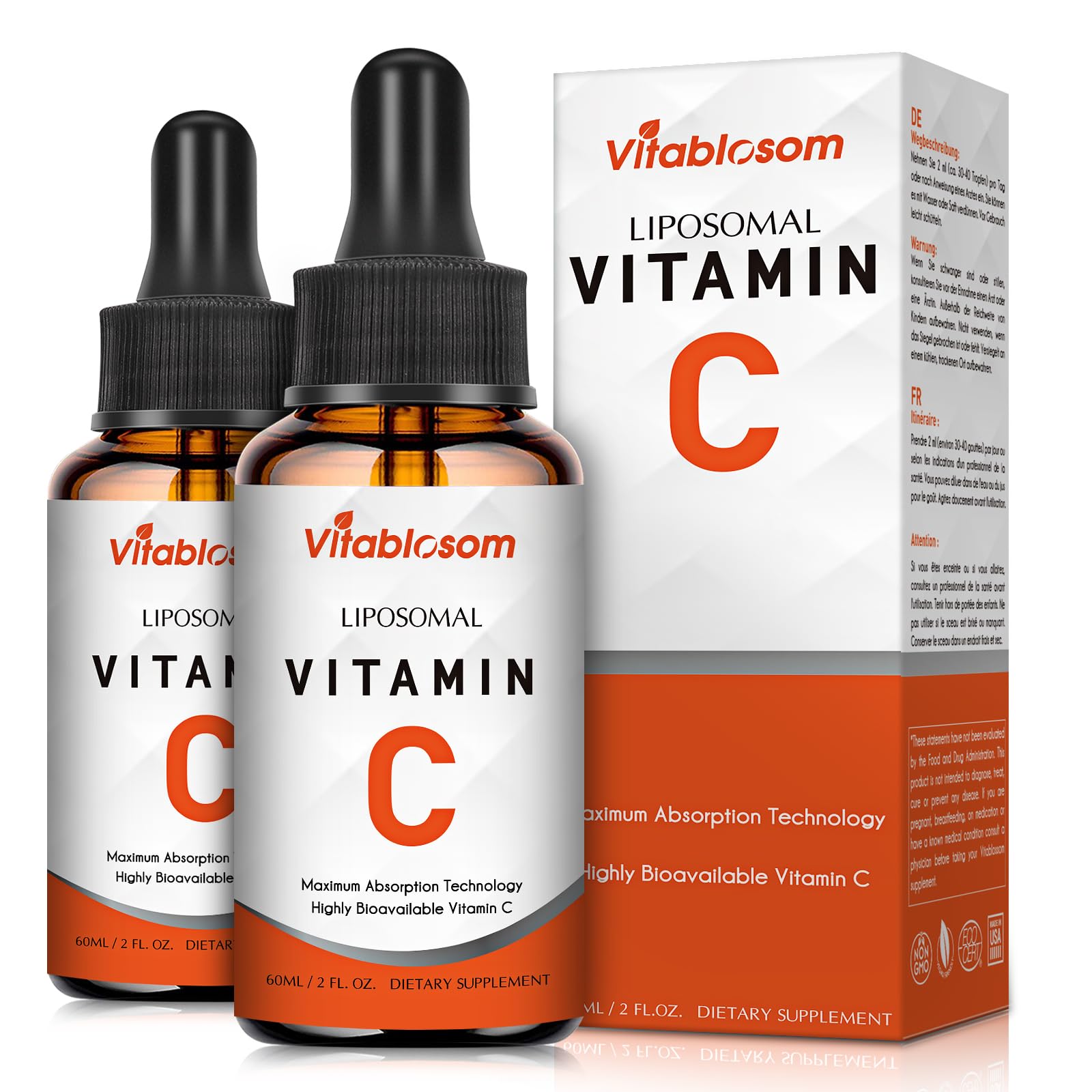 Vitablosom Liposomal Vitamin C 2000mg Liquid for Adults, High Absorption VIT C, Maximize Vitamin C, Immune System & Antioxidant Support, 60ML (2 Bottle) - dailyvitalstore