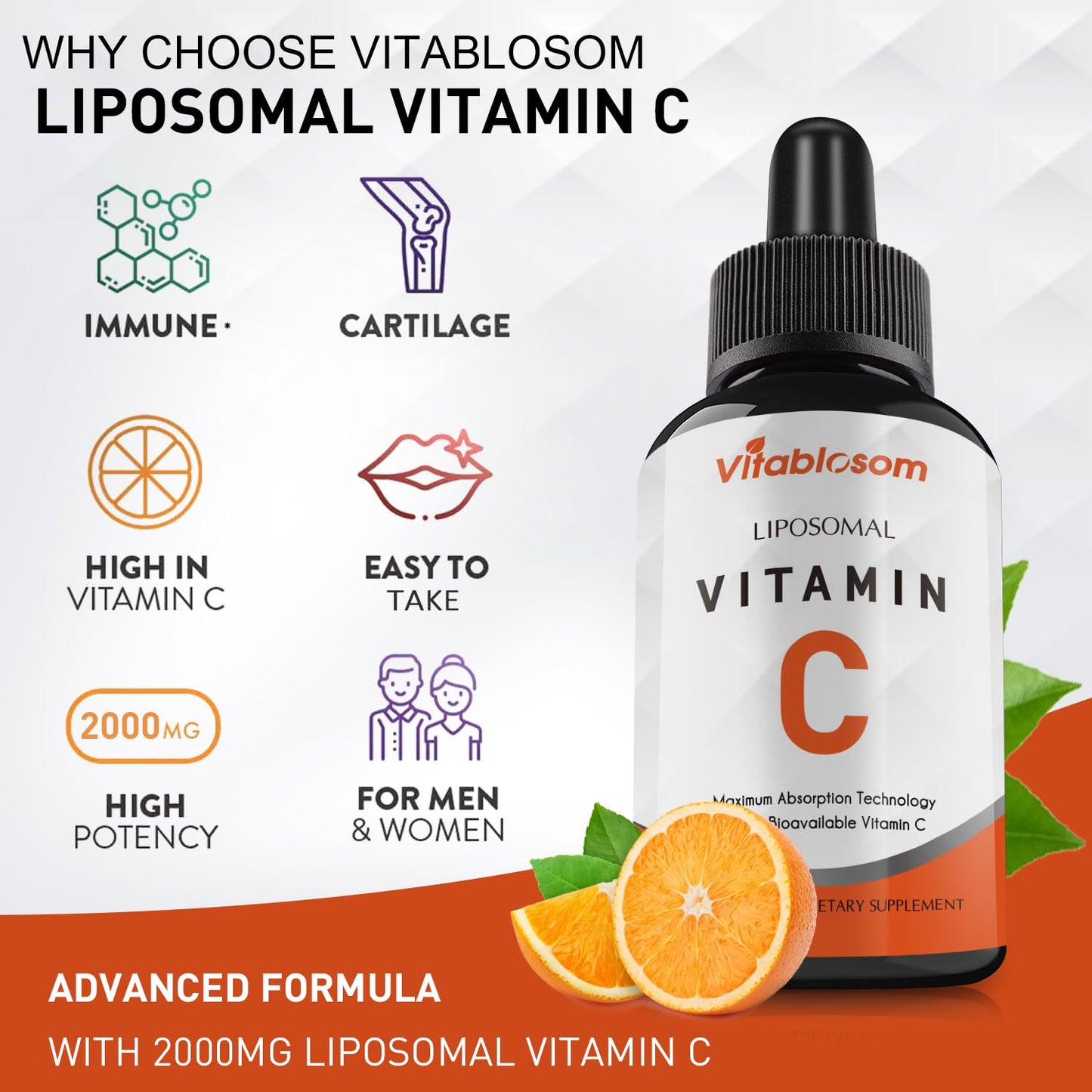 Vitablosom Liposomal Vitamin C 2000mg Liquid for Adults, High Absorption VIT C, Maximize Vitamin C, Immune System & Antioxidant Support, 60ML (2 Bottle) - dailyvitalstore