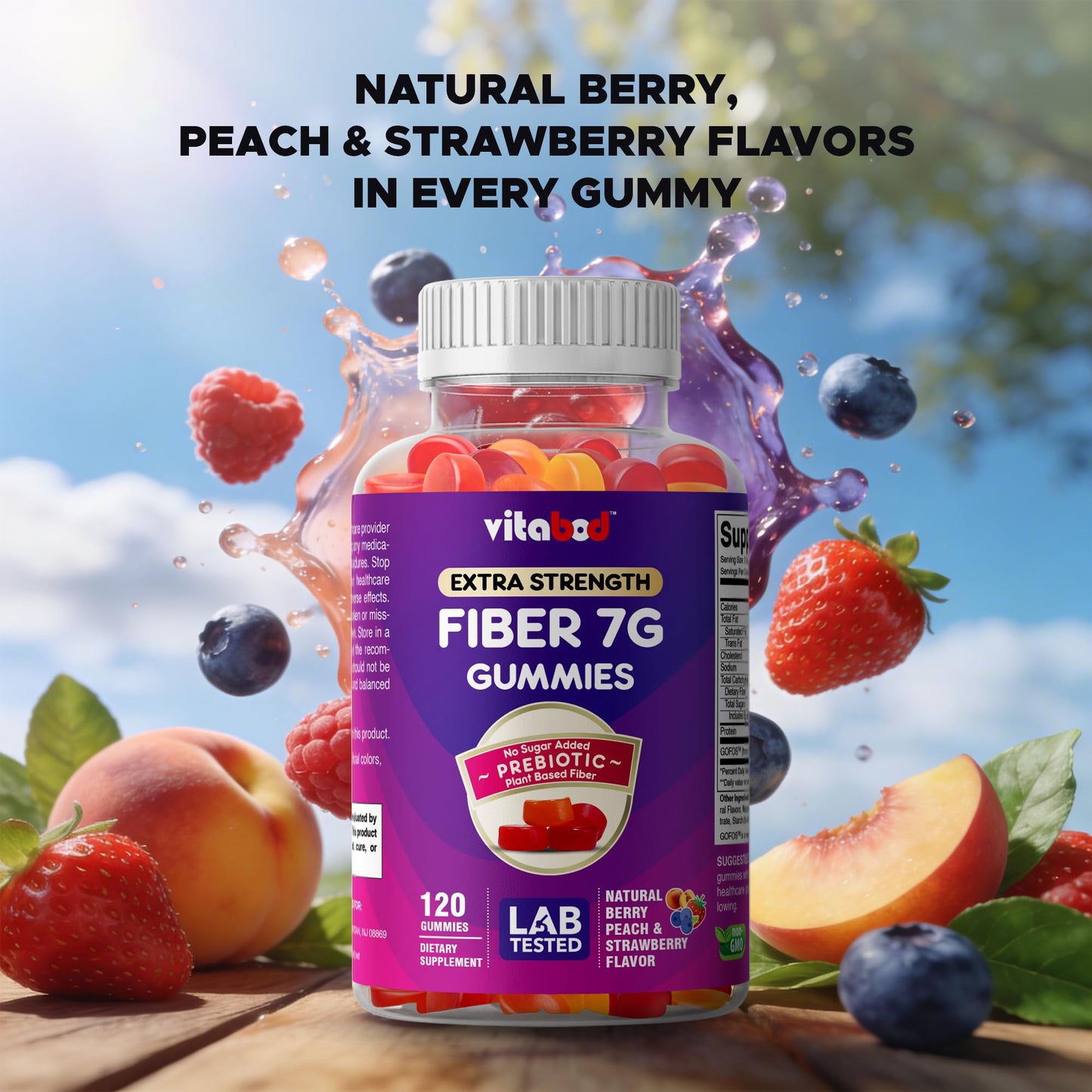 Vitabod Fiber Gummies 7G Per Serving for Digestive Health & Regularity, Prebiotic GOFOS™ Plant-Based Fiber, No Sugar Added, Vegan, Berry Peach Strawberry, 120 Gummies (Adults, Women & Men) - dailyvitalstore