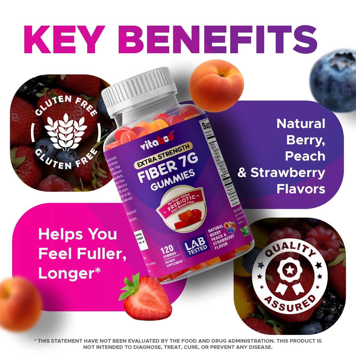 Vitabod Fiber Gummies 7G Per Serving for Digestive Health & Regularity, Prebiotic GOFOS™ Plant-Based Fiber, No Sugar Added, Vegan, Berry Peach Strawberry, 120 Gummies (Adults, Women & Men) - dailyvitalstore