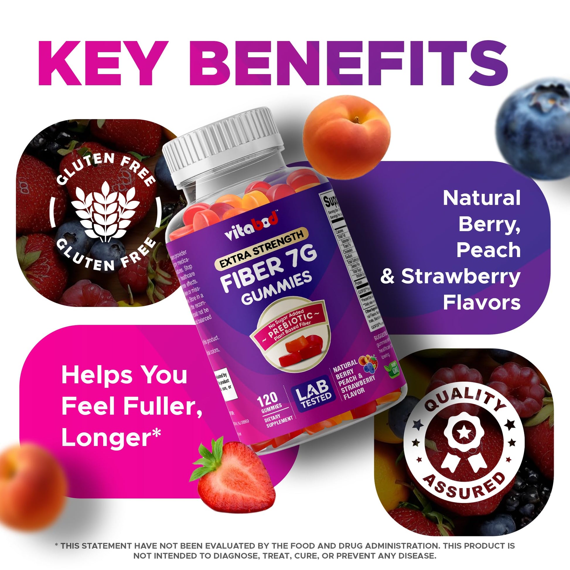 Vitabod Fiber Gummies 7G Per Serving for Digestive Health & Regularity, Prebiotic GOFOS™ Plant-Based Fiber, No Sugar Added, Vegan, Berry Peach Strawberry, 120 Gummies (Adults, Women & Men) - dailyvitalstore