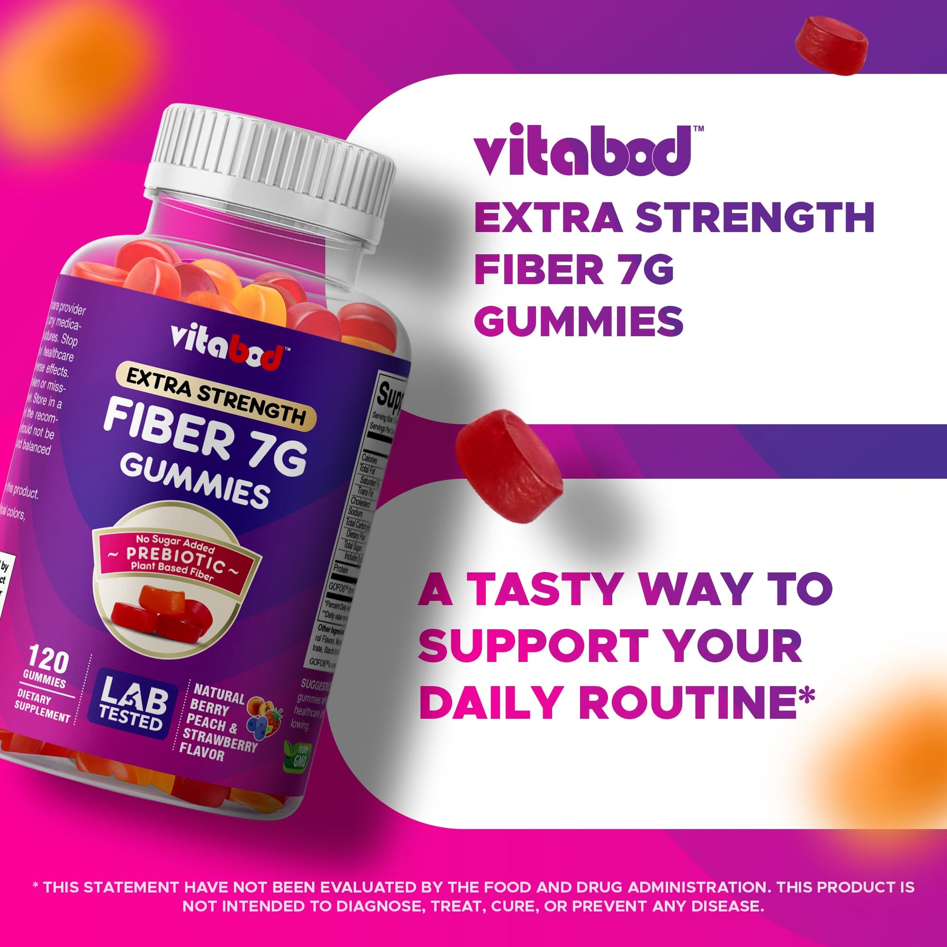 Vitabod Fiber Gummies 7G Per Serving for Digestive Health & Regularity, Prebiotic GOFOS™ Plant-Based Fiber, No Sugar Added, Vegan, Berry Peach Strawberry, 120 Gummies (Adults, Women & Men) - dailyvitalstore