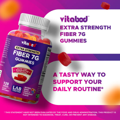 Vitabod Fiber Gummies 7G Per Serving for Digestive Health & Regularity, Prebiotic GOFOS™ Plant-Based Fiber, No Sugar Added, Vegan, Berry Peach Strawberry, 120 Gummies (Adults, Women & Men) - dailyvitalstore