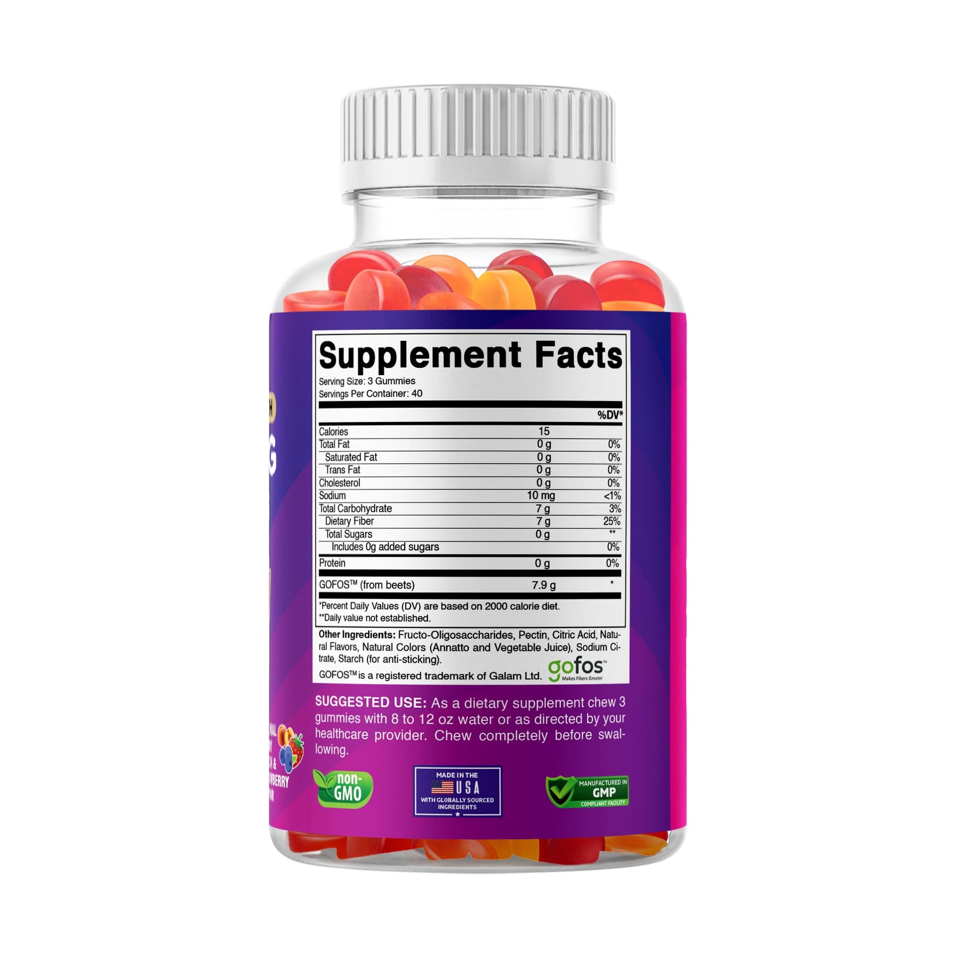 Vitabod Fiber Gummies 7G Per Serving for Digestive Health & Regularity, Prebiotic GOFOS™ Plant-Based Fiber, No Sugar Added, Vegan, Berry Peach Strawberry, 120 Gummies (Adults, Women & Men) - dailyvitalstore