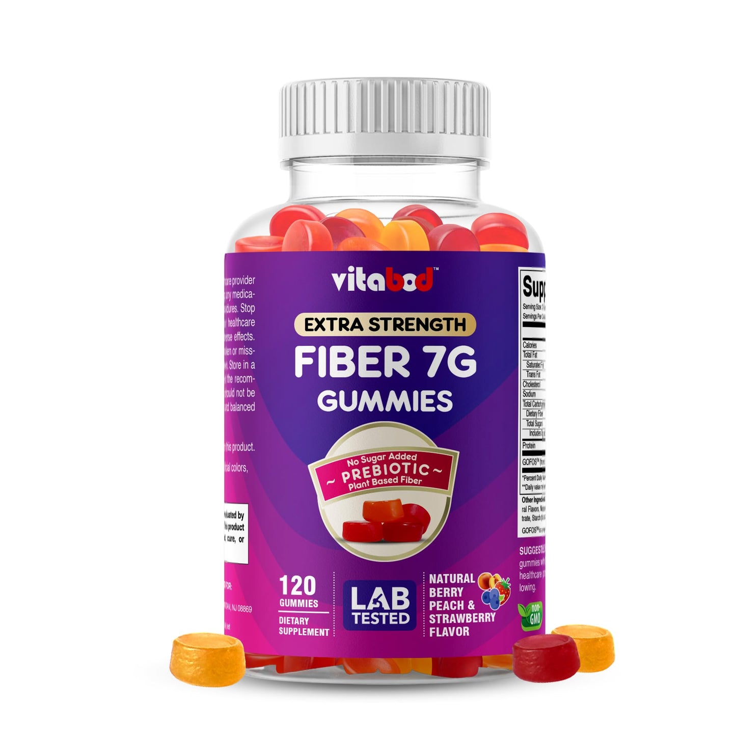 Vitabod Fiber Gummies 7G Per Serving for Digestive Health & Regularity, Prebiotic GOFOS™ Plant-Based Fiber, No Sugar Added, Vegan, Berry Peach Strawberry, 120 Gummies (Adults, Women & Men) - dailyvitalstore