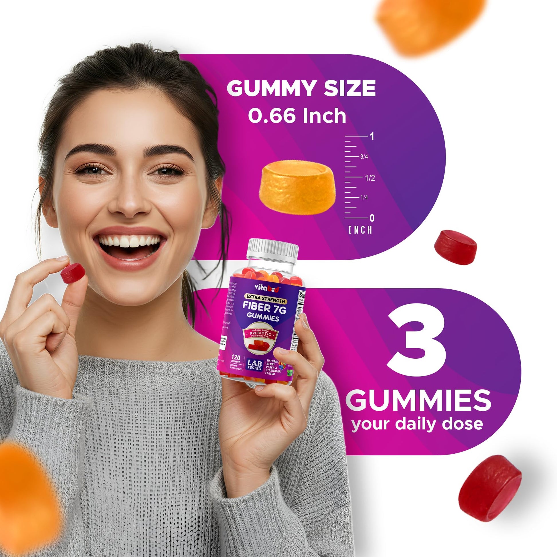 Vitabod Fiber Gummies 7G Per Serving for Digestive Health & Regularity, Prebiotic GOFOS™ Plant-Based Fiber, No Sugar Added, Vegan, Berry Peach Strawberry, 120 Gummies (Adults, Women & Men) - dailyvitalstore