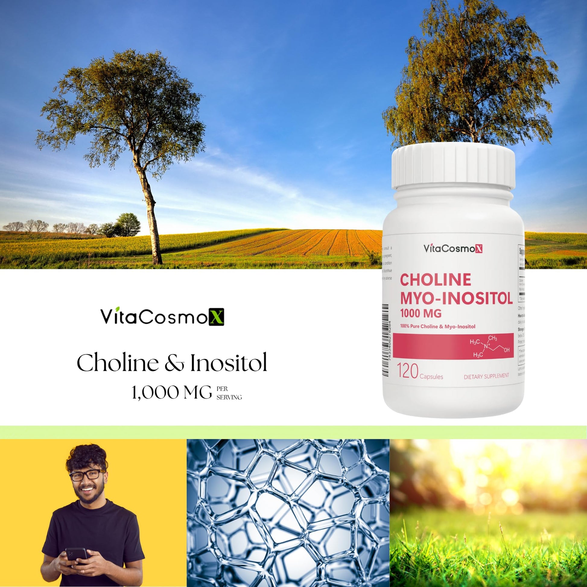 VitaCosmoX Choline and Myo-Inositol Supplement, 1000 mg Each, 120 Veggie Capsules 100% Vegetarian, Non-GMO & Gluten Free - dailyvitalstore