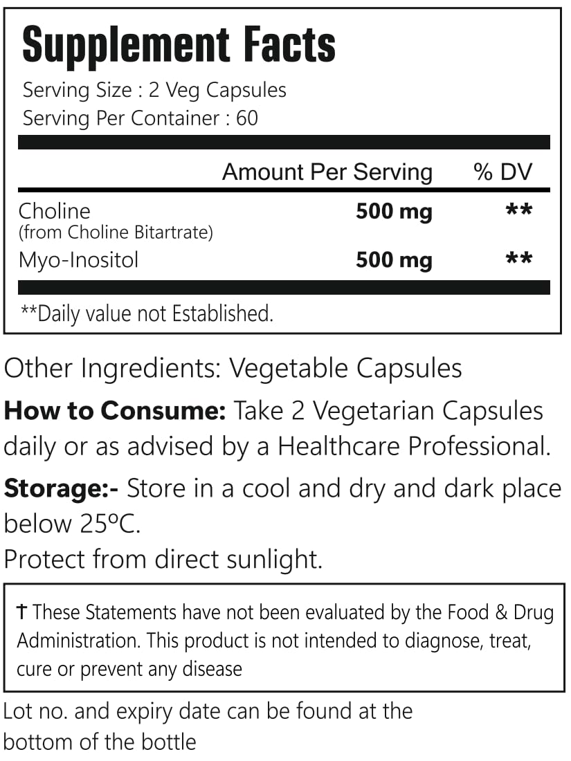VitaCosmoX Choline and Myo-Inositol Supplement, 1000 mg Each, 120 Veggie Capsules 100% Vegetarian, Non-GMO & Gluten Free - dailyvitalstore