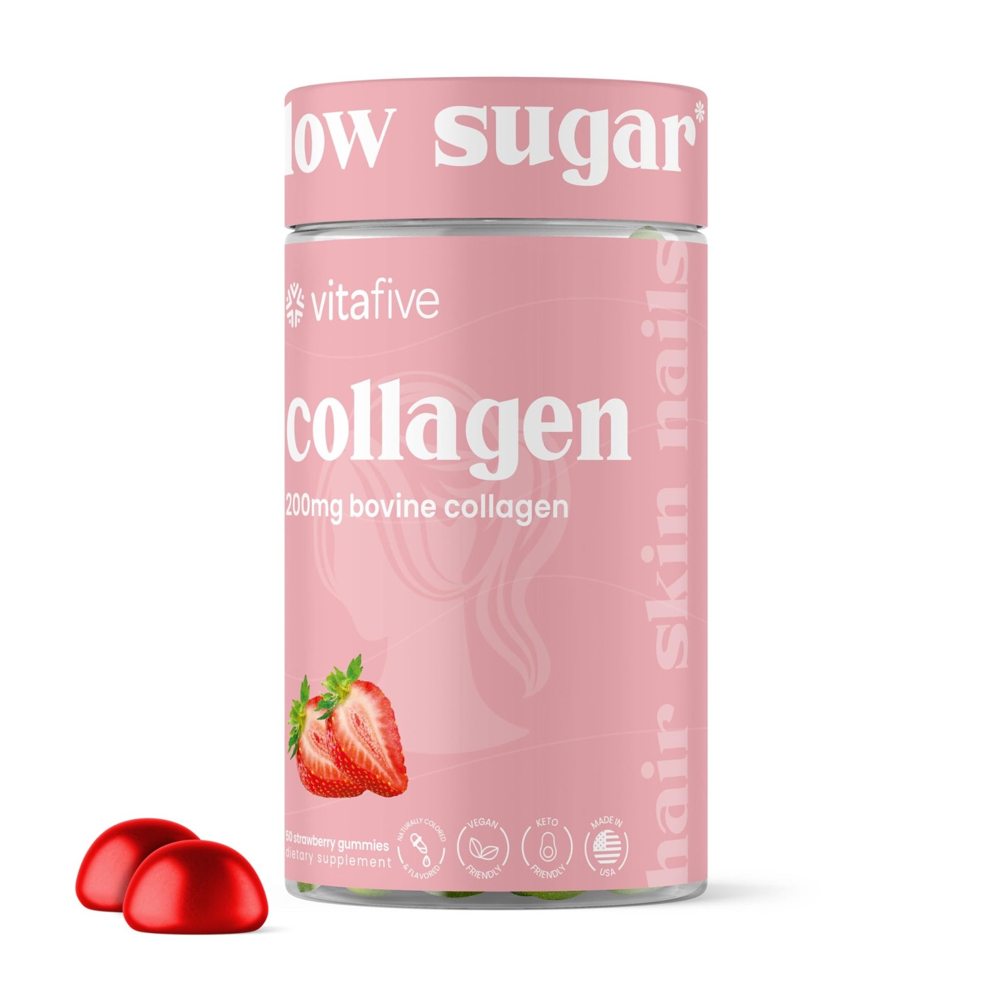 vitafive Collagen Gummies for Men and Women, Bovine Collagen, Collagen Gummy for Hair, Skin, and Connective Tissue Support, Gluten Free (50 Ct) - dailyvitalstore