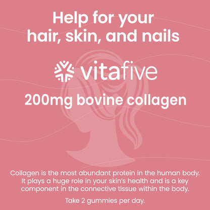 vitafive Collagen Gummies for Men and Women, Bovine Collagen, Collagen Gummy for Hair, Skin, and Connective Tissue Support, Gluten Free (50 Ct) - dailyvitalstore