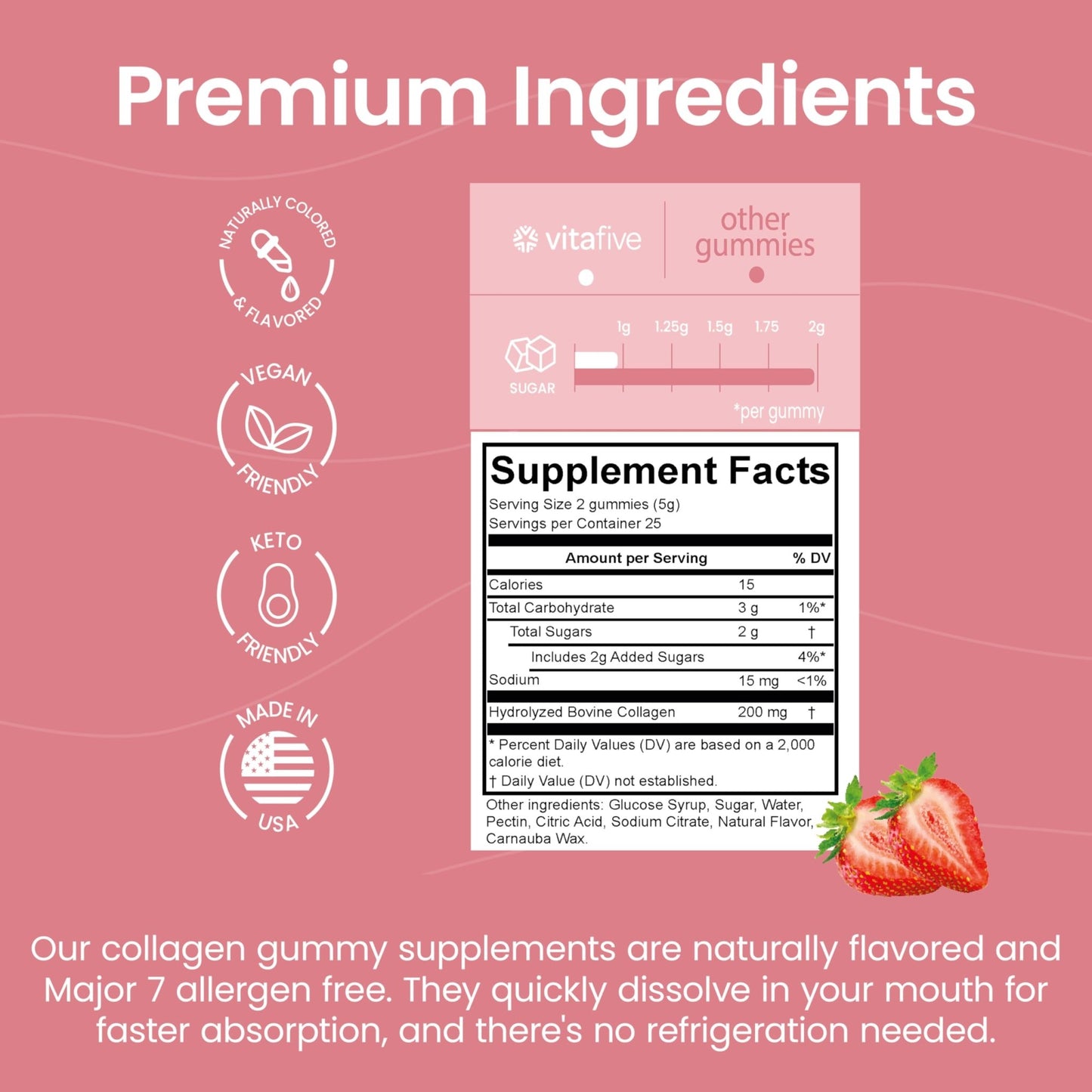 vitafive Collagen Gummies for Men and Women, Bovine Collagen, Collagen Gummy for Hair, Skin, and Connective Tissue Support, Gluten Free (50 Ct) - dailyvitalstore