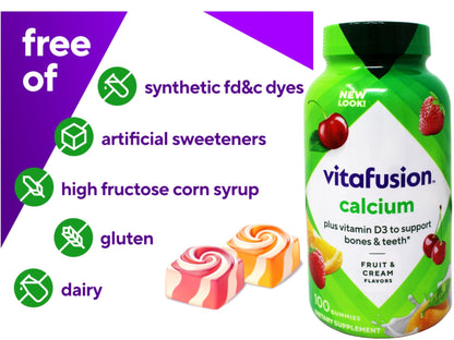 VitaFusion Calcium 500 mg Dietary Supplement Gummies Natural Fruit and Cream Flavors - 100 ct, Pack of 2 - dailyvitalstore