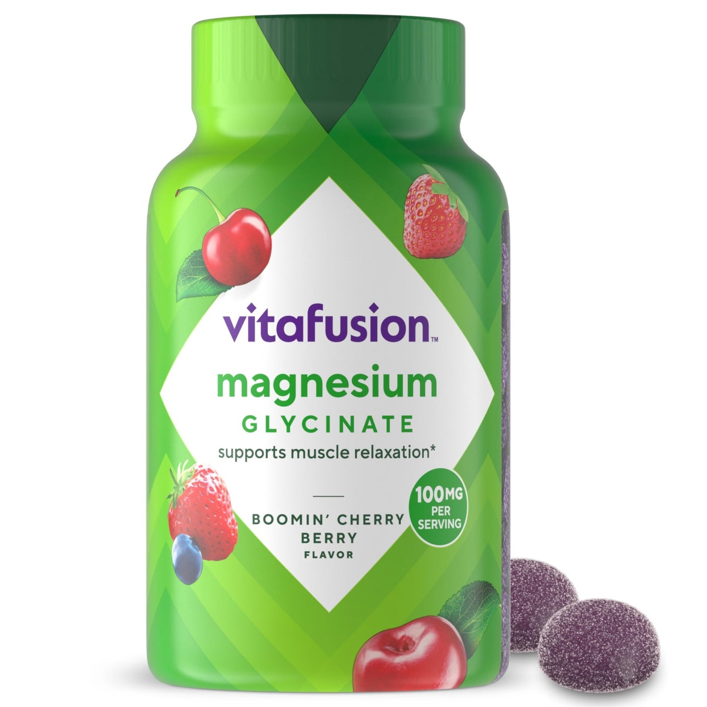 vitafusion Magnesium Glycinate Gummy Supplement, 100 mg per Serving Supports Muscle Relaxation (1) for Adult Women & Men, Boomin’ Cherry Berry Flavor, 60 Count - dailyvitalstore