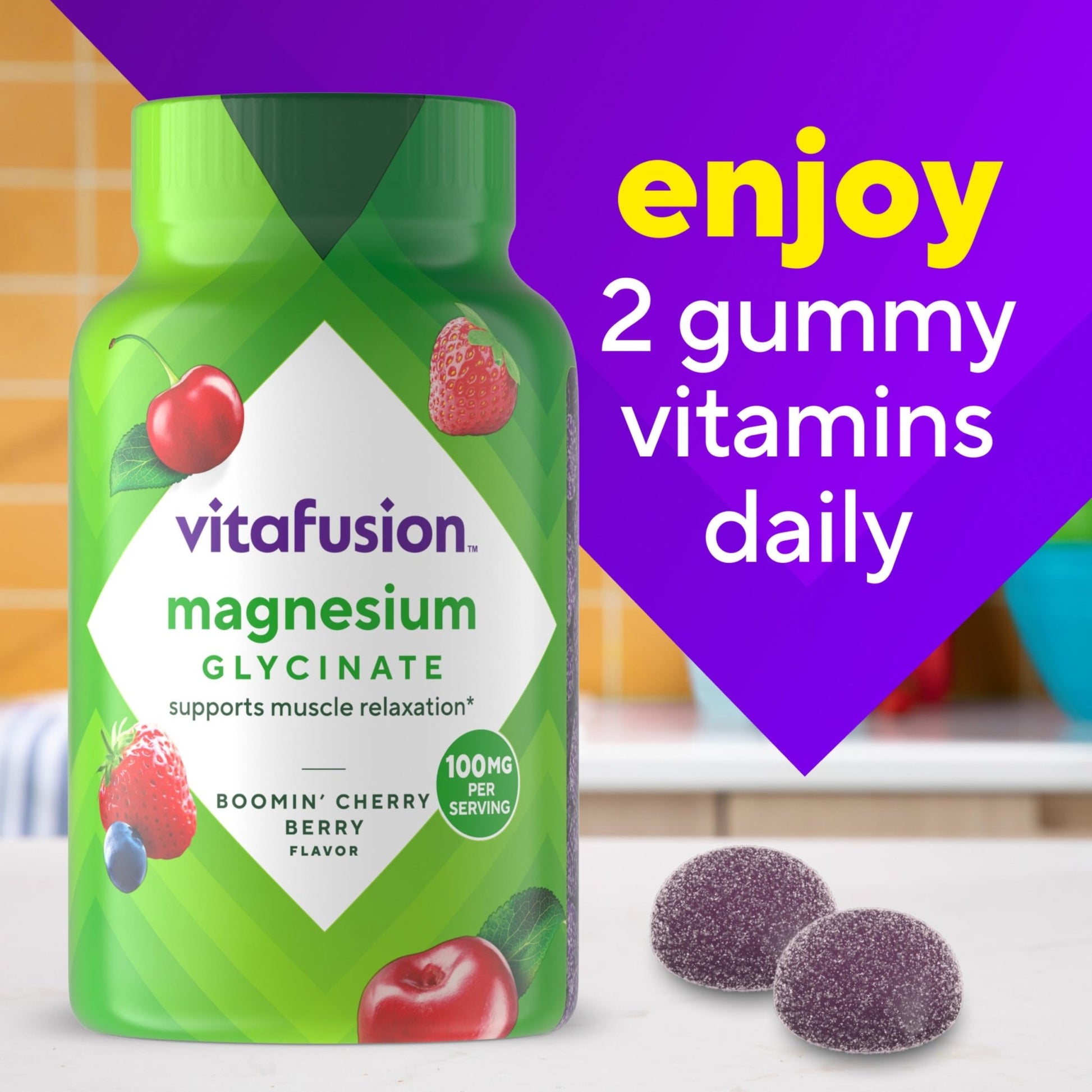vitafusion Magnesium Glycinate Gummy Supplement, 100 mg per Serving Supports Muscle Relaxation (1) for Adult Women & Men, Boomin’ Cherry Berry Flavor, 60 Count - dailyvitalstore