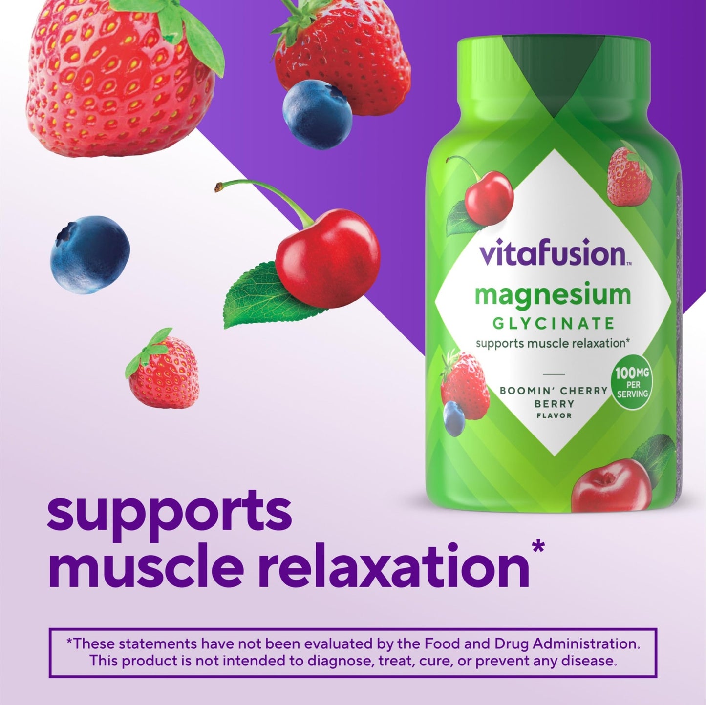 vitafusion Magnesium Glycinate Gummy Supplement, 100 mg per Serving Supports Muscle Relaxation (1) for Adult Women & Men, Boomin’ Cherry Berry Flavor, 60 Count - dailyvitalstore