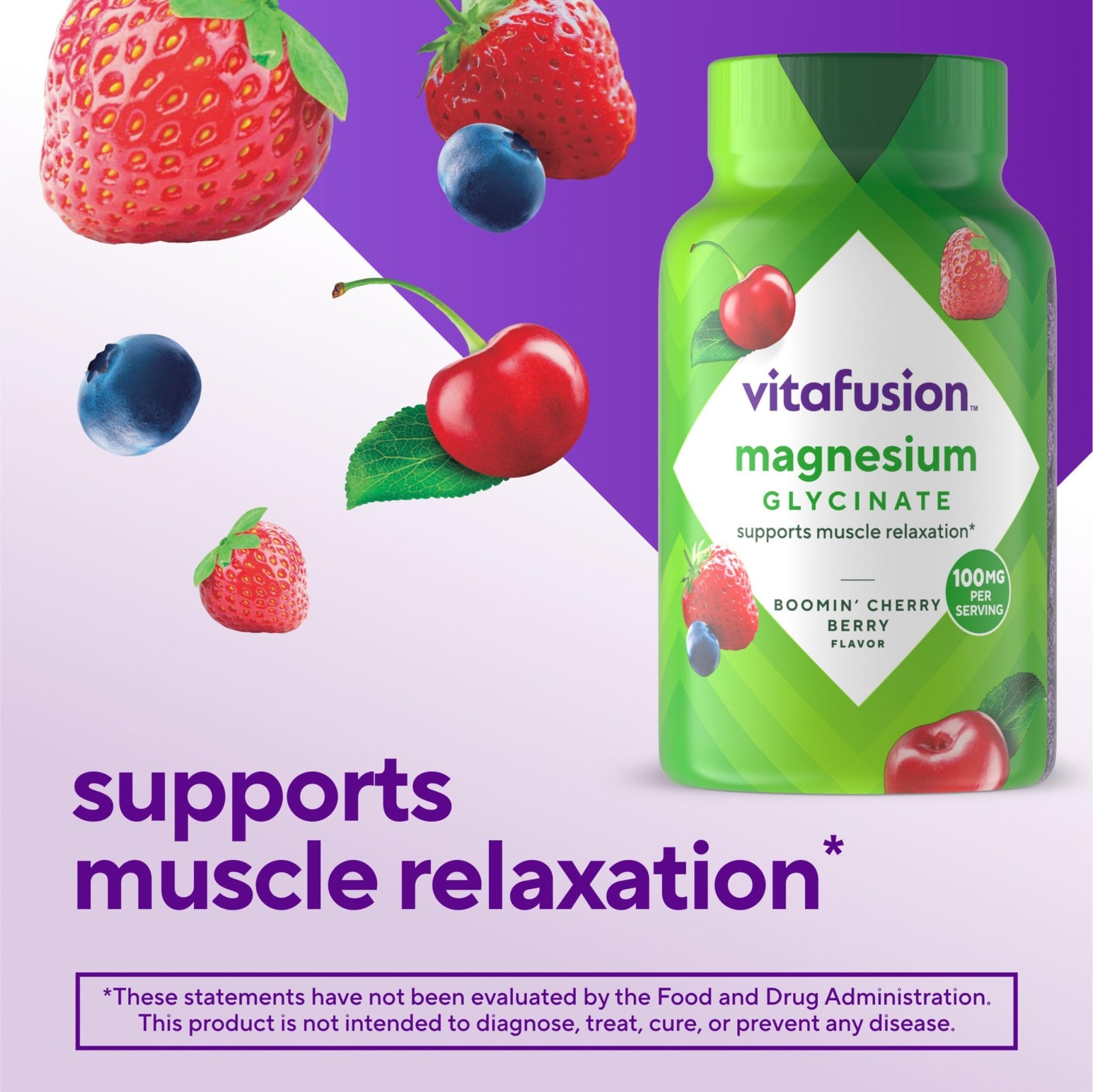 vitafusion Magnesium Glycinate Gummy Supplement, 100 mg per Serving Supports Muscle Relaxation (1) for Adult Women & Men, Boomin’ Cherry Berry Flavor, 60 Count - dailyvitalstore