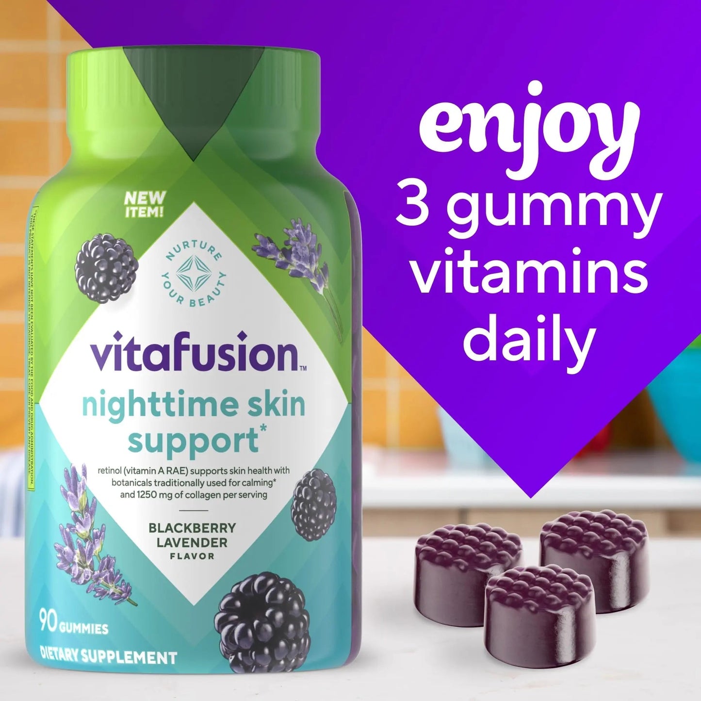 vitafusion Nighttime Skin Support (1), Beauty Supplement with Retinol (Vitamin A RAE), Collagen & Bedtime Botanicals - dailyvitalstore