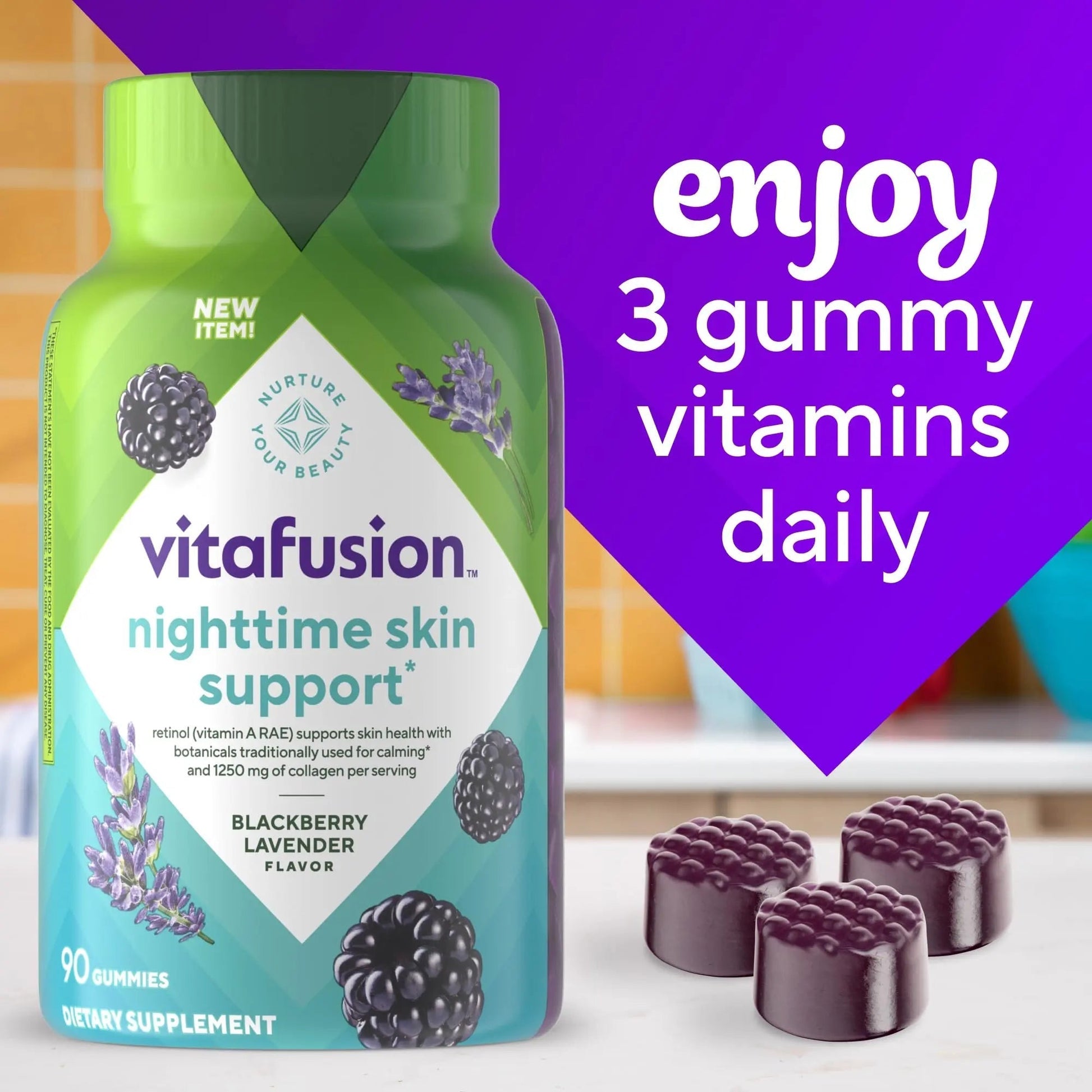 vitafusion Nighttime Skin Support (1), Beauty Supplement with Retinol (Vitamin A RAE), Collagen & Bedtime Botanicals - dailyvitalstore
