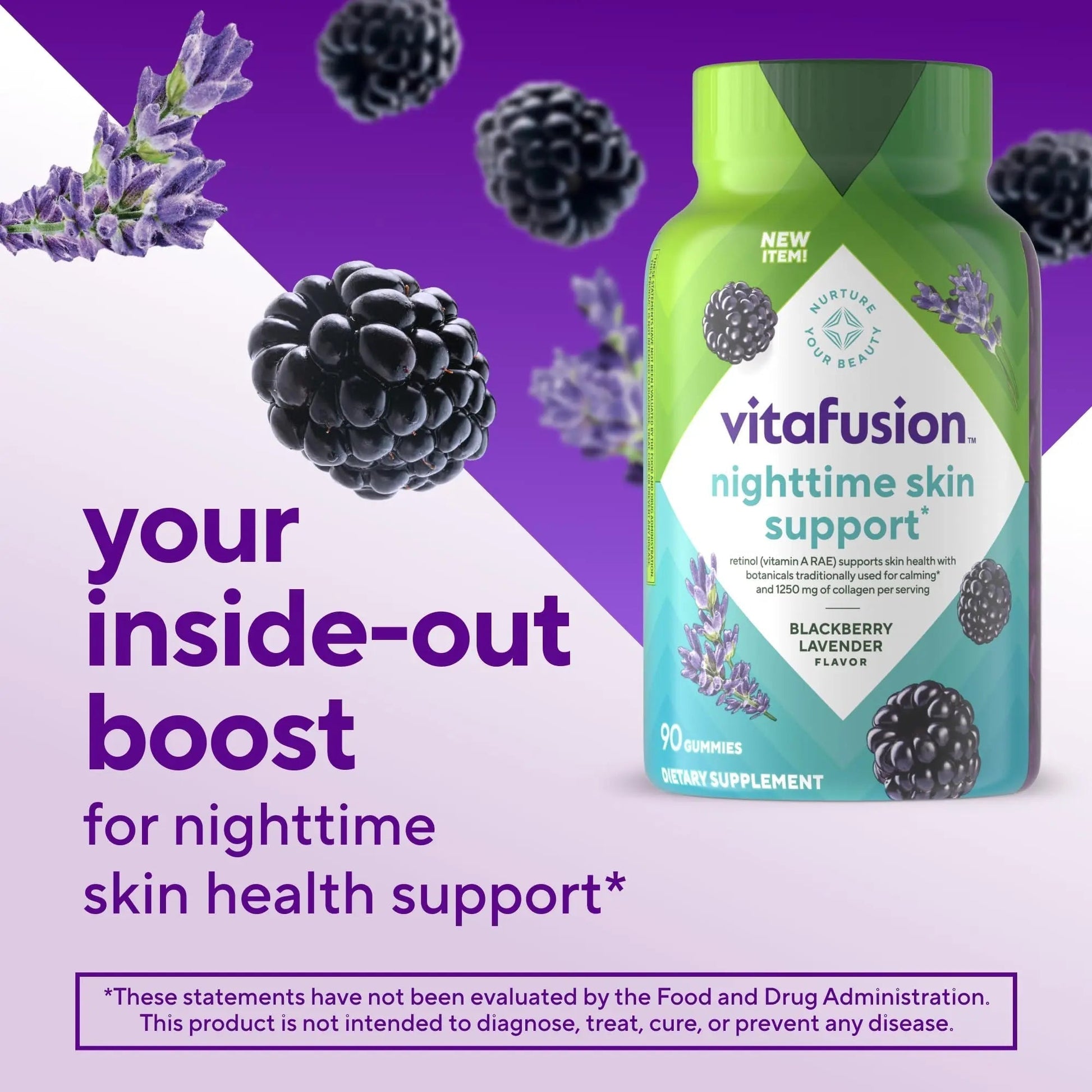 vitafusion Nighttime Skin Support (1), Beauty Supplement with Retinol (Vitamin A RAE), Collagen & Bedtime Botanicals - dailyvitalstore