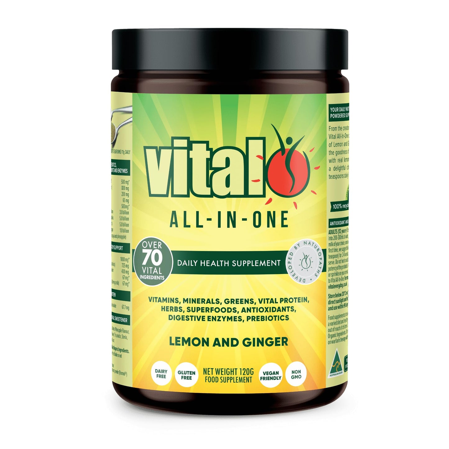 Vital All-in-One Daily Powdered Supplement - Natural Greens Superfood Powder for Energy & Health, Super Greens Powder Drink Mix with Probiotic & Antioxidant Support - Lemon & Ginger, 4.23 oz (120 g) - dailyvitalstore