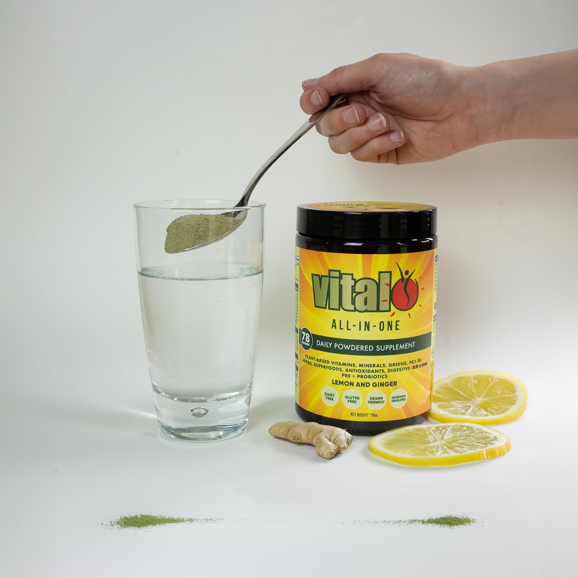 Vital All-in-One Daily Powdered Supplement - Natural Greens Superfood Powder for Energy & Health, Super Greens Powder Drink Mix with Probiotic & Antioxidant Support - Lemon & Ginger, 4.23 oz (120 g) - dailyvitalstore