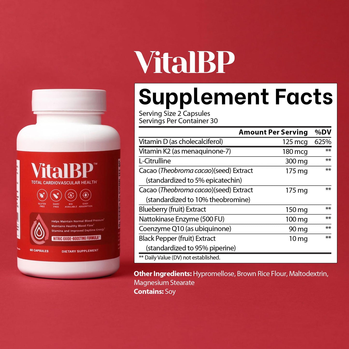 Vital BP - Support for Normal Blood Pressure - Supports Blood Flow & Arteries - with CoQ10, L-Citrulline, and K2 & D3-60 Capsules - dailyvitalstore
