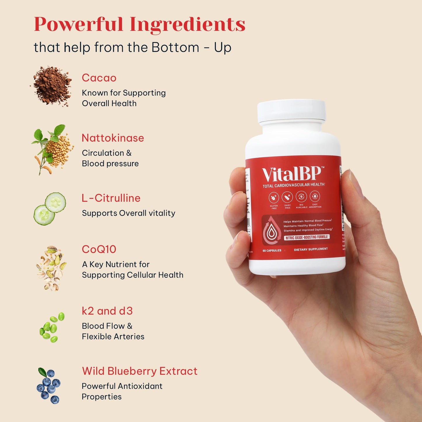 Vital BP - Support for Normal Blood Pressure - Supports Blood Flow & Arteries - with CoQ10, L-Citrulline, and K2 & D3-60 Capsules - dailyvitalstore