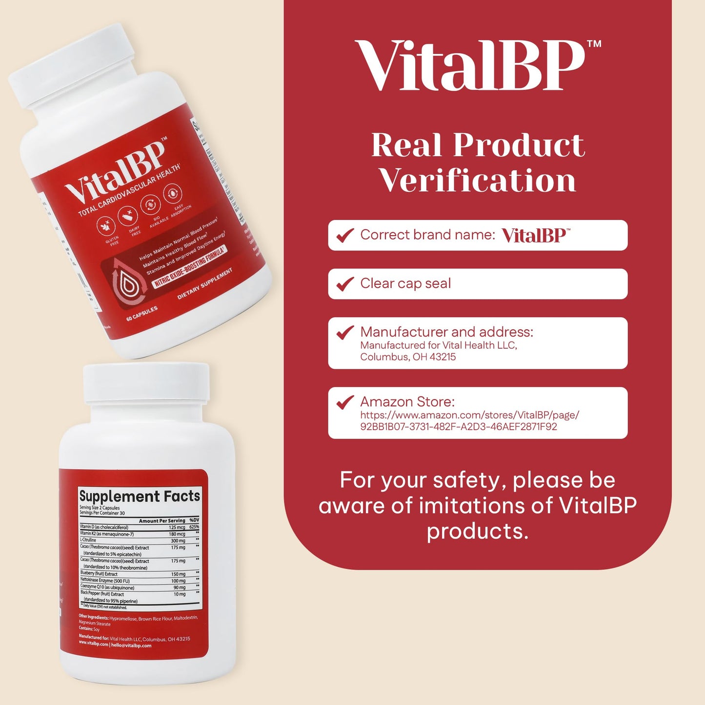 Vital BP - Support for Normal Blood Pressure - Supports Blood Flow & Arteries - with CoQ10, L-Citrulline, and K2 & D3-60 Capsules - dailyvitalstore
