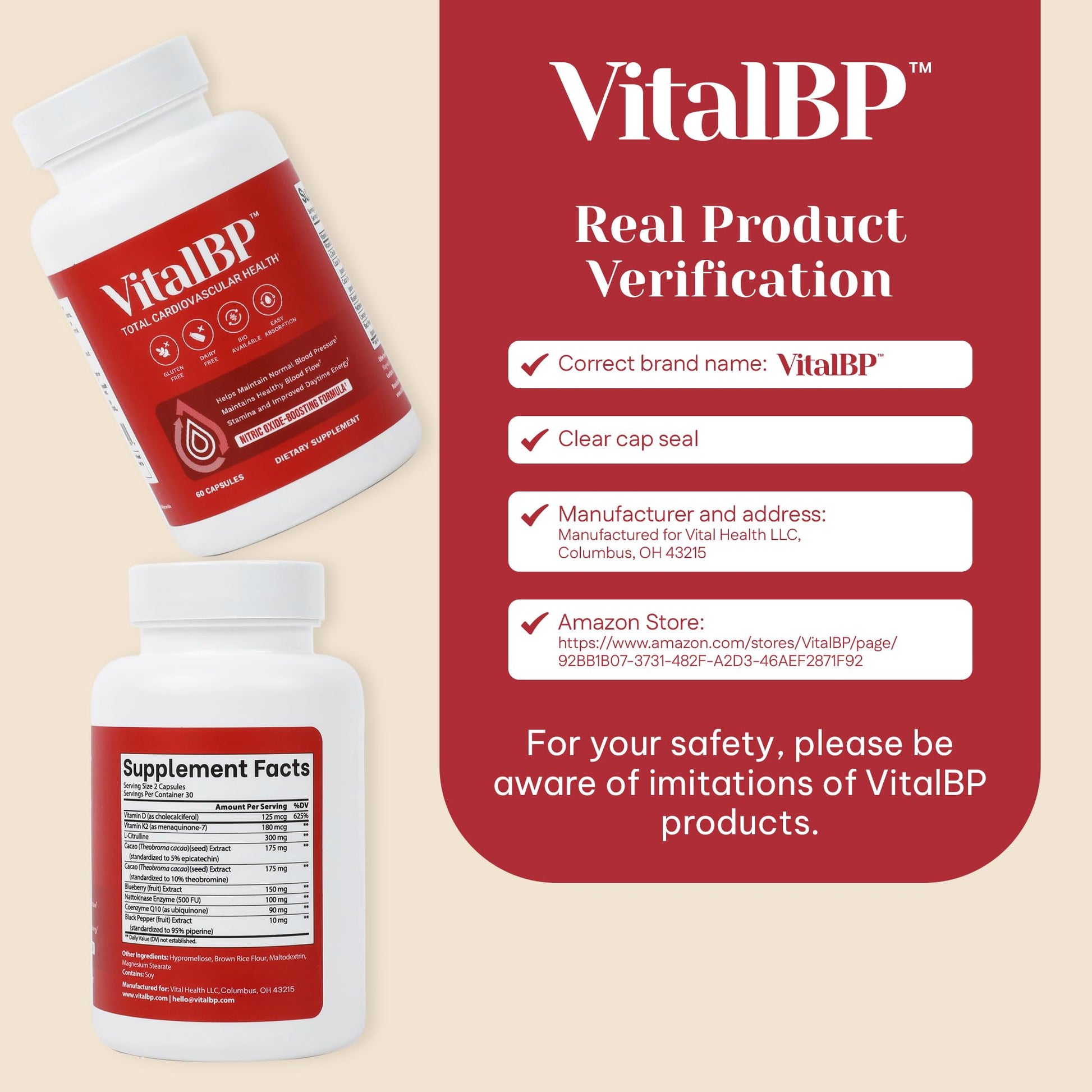 Vital BP - Support for Normal Blood Pressure - Supports Blood Flow & Arteries - with CoQ10, L-Citrulline, and K2 & D3-60 Capsules - dailyvitalstore