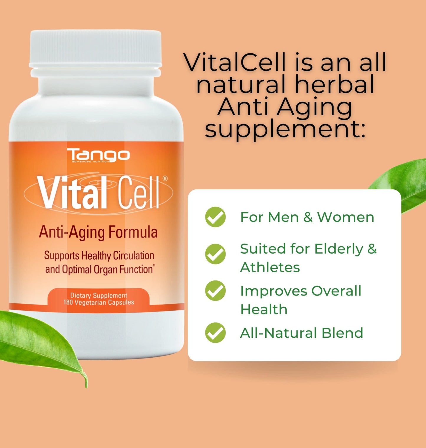 Vital Cell Natural Anti-Aging Supplement for Men and Women, Supporting Circulation and Healthy Organ Function (180 Vegetarian Capsules) - dailyvitalstore