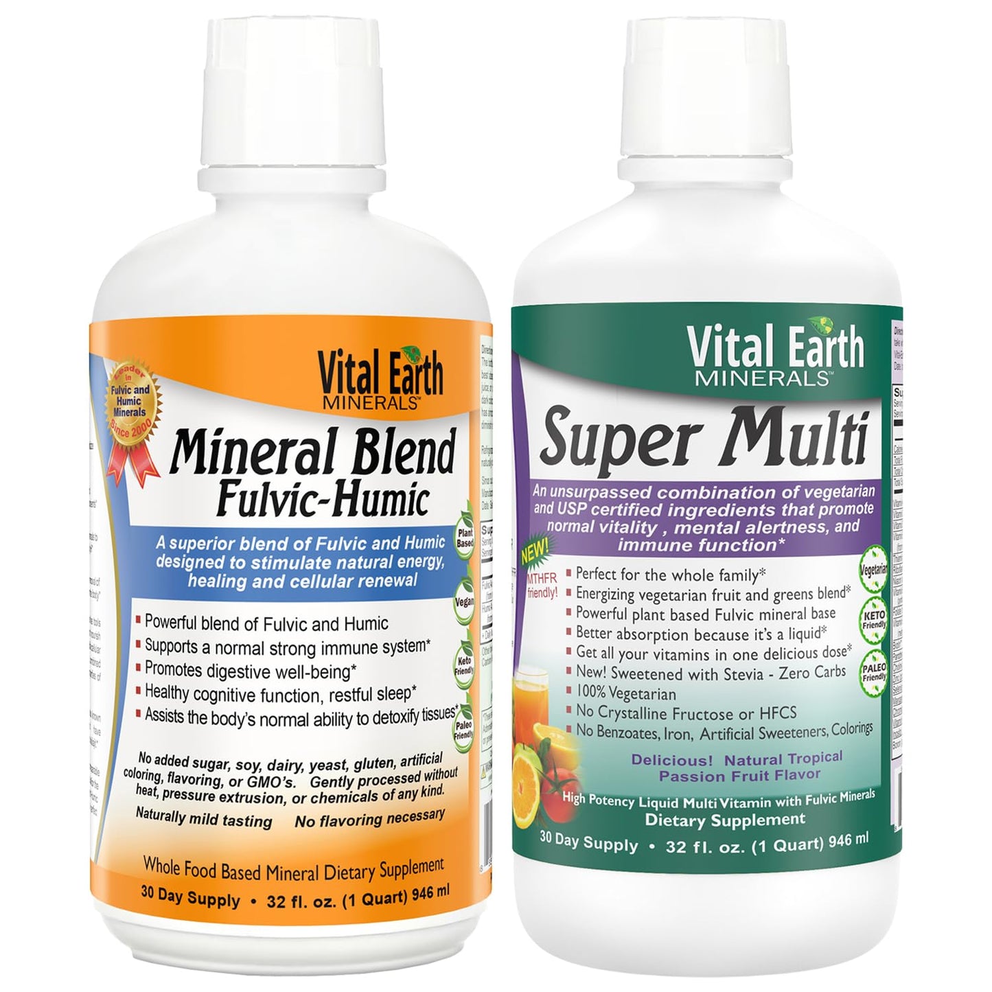 Vital Earth Minerals Detox and Wellness Support – Fulvic Humic Mineral Blend with 70+ Trace Minerals + Super Multi, Liquid Multivitamins, MTHFR Enhancement, 32 OZ Ea - dailyvitalstore