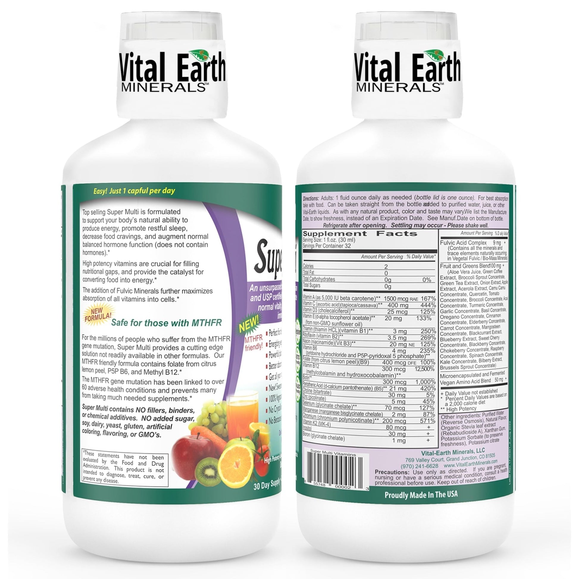 Vital Earth Minerals Super Multi – Liquid Multivitamins for Women, Men & Kids, Liquid Vitamins with Fulvic Acid for Better Absorption, MTHFR Support, 32 Oz + 1 Oz Cup - dailyvitalstore