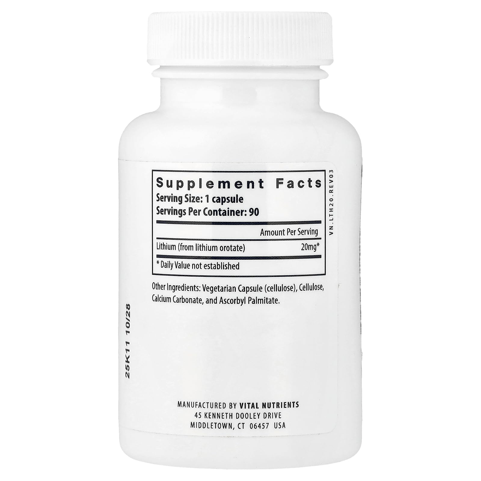 Vital Nutrients Lithium Orotate - Vegan Lithium Supplements for Memory, State of Mind, and Behavioral Health* - 20mg - Gluten, Dairy, Soy Free - 90 Capsules - dailyvitalstore