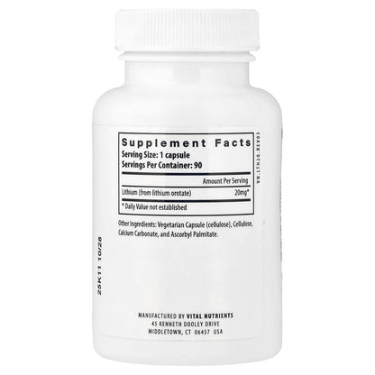 Vital Nutrients Lithium Orotate - Vegan Lithium Supplements for Memory, State of Mind, and Behavioral Health* - 20mg - Gluten, Dairy, Soy Free - 90 Capsules - dailyvitalstore