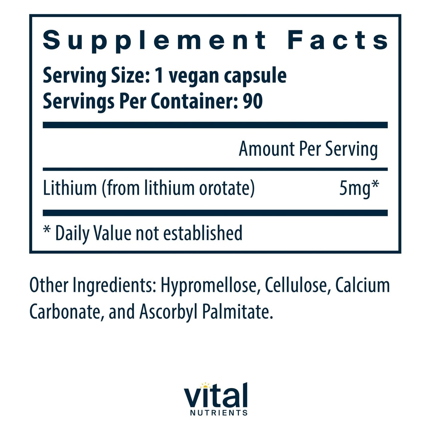 Vital Nutrients Lithium Orotate - Vegan Lithium Supplements for Memory, State of Mind, and Behavioral Health*- 5mg - Gluten, Dairy, Soy Free - 90 Capsules - dailyvitalstore