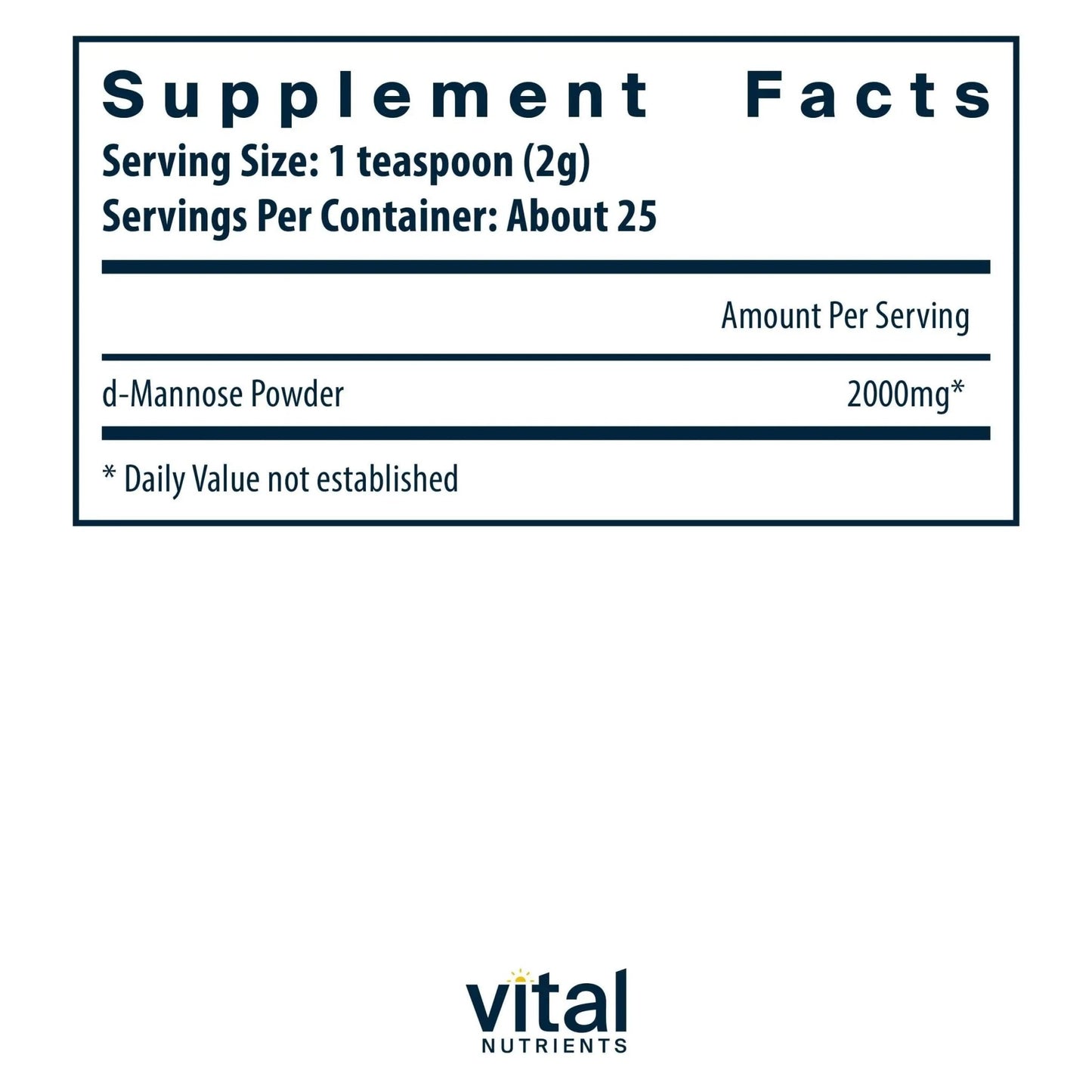 Vital Nutrients Mannose Powder 50g - Vegan D-Mannose Supplement for Urinary Tract and Bladder Support - Gluten, Dairy, Soy Free - Non-GMO - 25 Servings - dailyvitalstore