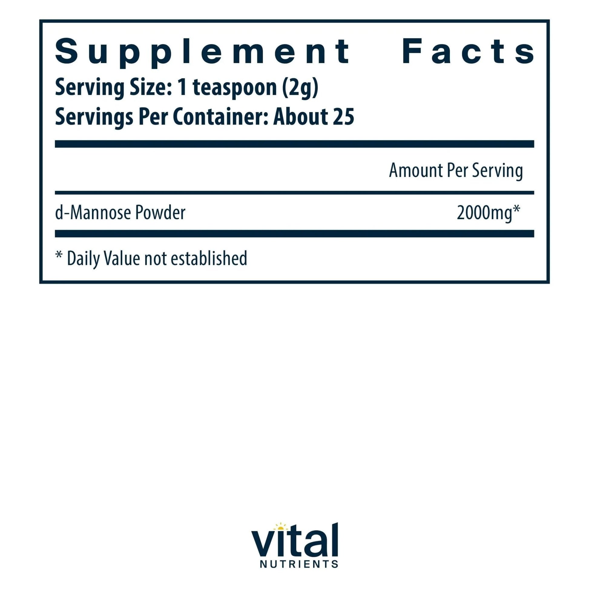 Vital Nutrients Mannose Powder 50g - Vegan D-Mannose Supplement for Urinary Tract and Bladder Support - Gluten, Dairy, Soy Free - Non-GMO - 25 Servings - dailyvitalstore