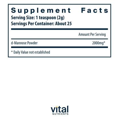 Vital Nutrients Mannose Powder 50g - Vegan D-Mannose Supplement for Urinary Tract and Bladder Support - Gluten, Dairy, Soy Free - Non-GMO - 25 Servings - dailyvitalstore