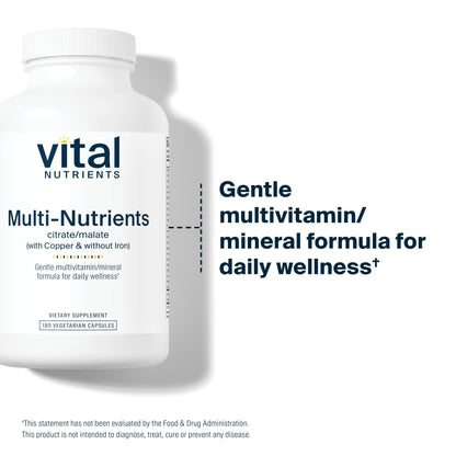 Vital Nutrients - Multi-Nutrients 2 - Citrate/Malate Formula (with Copper and Without Iron) - Multi-Vitamin/Mineral, Potent Antioxidants, Gentle Bioavailable Form - 180 Vegetarian Capsules per Bottle - dailyvitalstore