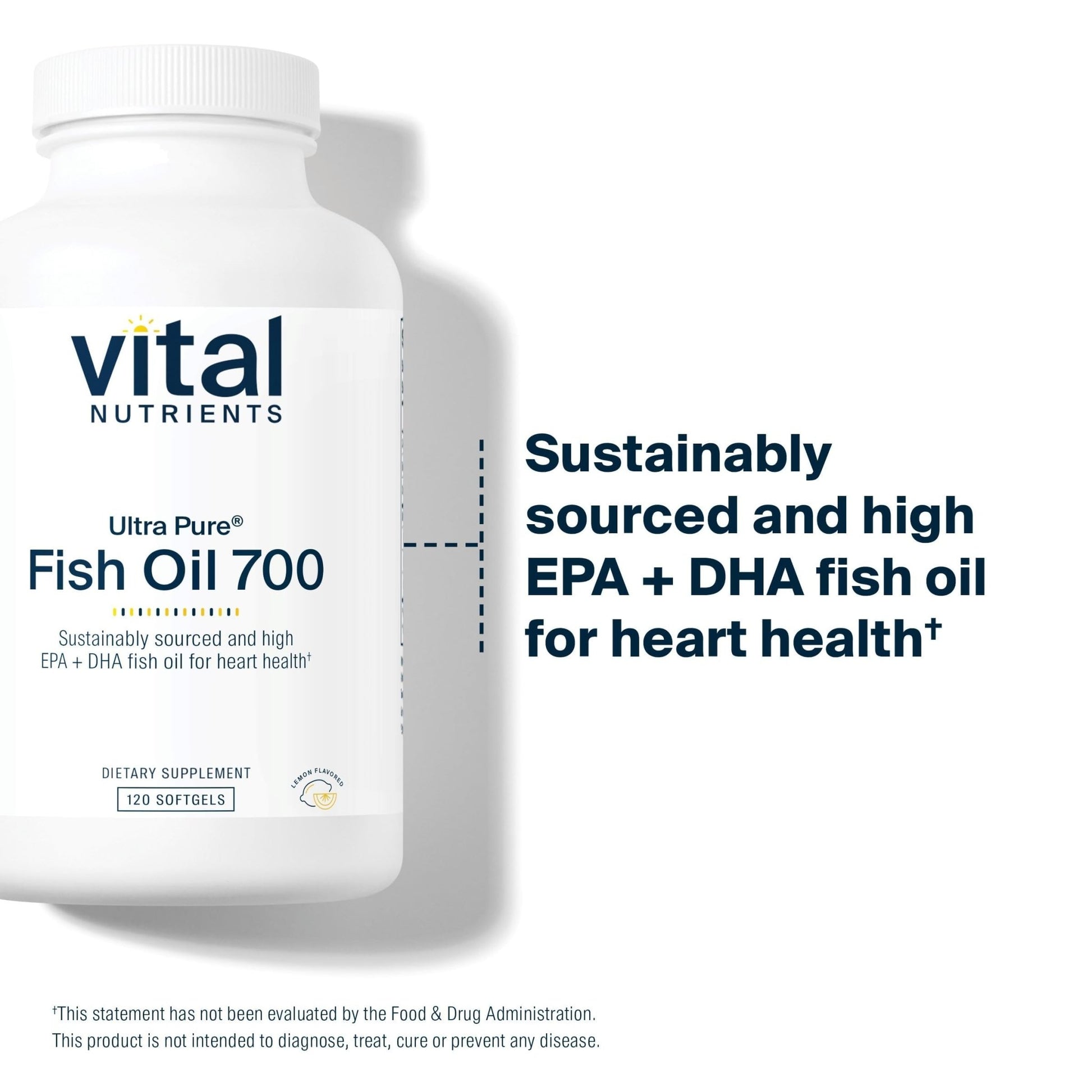 Vital Nutrients Ultra Pure Fish Oil 700 - Supports Heart, Brain, and Joint Health* - Sustainably Sourced High EPA & DHA Omega-3 Fatty Acid - Lemon Flavor - Gluten, Dairy & Soy Free - 120 Softgels - dailyvitalstore