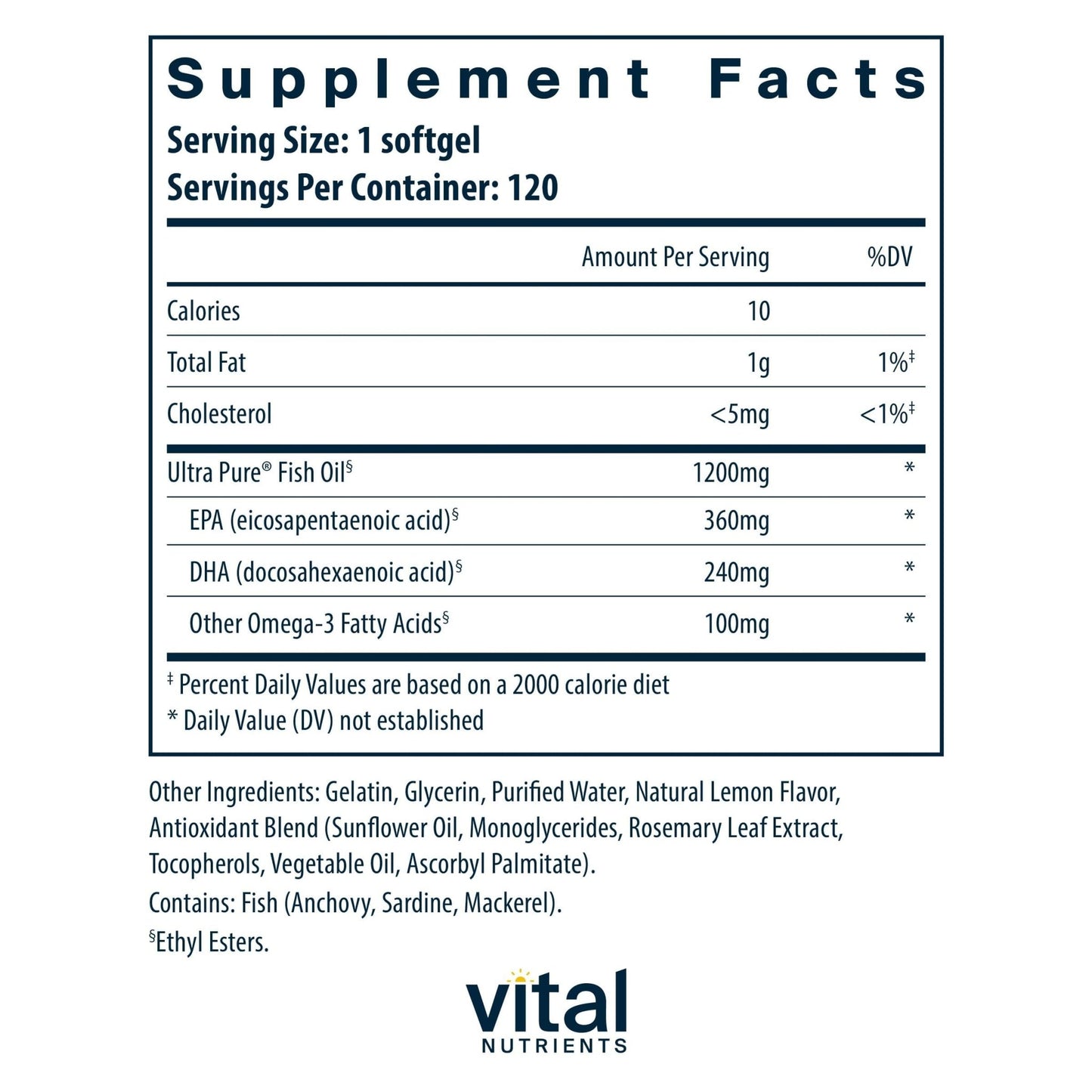 Vital Nutrients Ultra Pure Fish Oil 700 - Supports Heart, Brain, and Joint Health* - Sustainably Sourced High EPA & DHA Omega-3 Fatty Acid - Lemon Flavor - Gluten, Dairy & Soy Free - 120 Softgels - dailyvitalstore