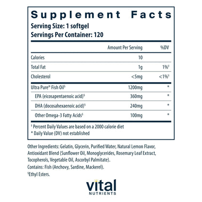 Vital Nutrients Ultra Pure Fish Oil 700 - Supports Heart, Brain, and Joint Health* - Sustainably Sourced High EPA & DHA Omega-3 Fatty Acid - Lemon Flavor - Gluten, Dairy & Soy Free - 120 Softgels - dailyvitalstore