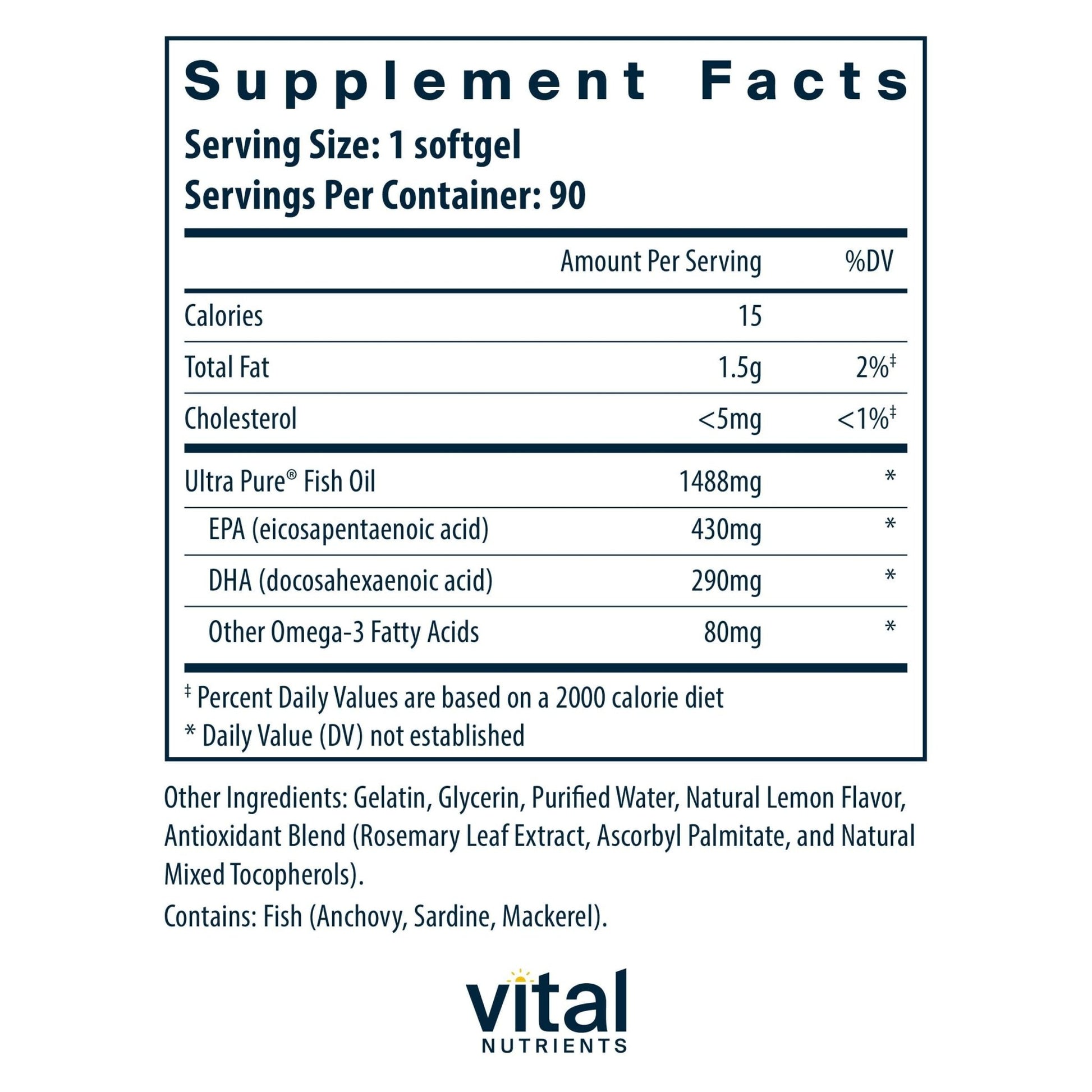 Vital Nutrients Ultra Pure® Fish Oil 800 Triglyceride Form - Heart, Brain, & Immune Health* - Sustainably Sourced High EPA & DHA Omega-3 Fatty Acid - Lemon Flavor - Gluten, Dairy, Soy Free - 90 Count - dailyvitalstore