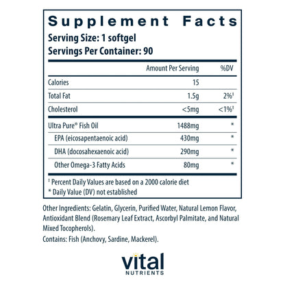 Vital Nutrients Ultra Pure® Fish Oil 800 Triglyceride Form - Heart, Brain, & Immune Health* - Sustainably Sourced High EPA & DHA Omega-3 Fatty Acid - Lemon Flavor - Gluten, Dairy, Soy Free - 90 Count - dailyvitalstore