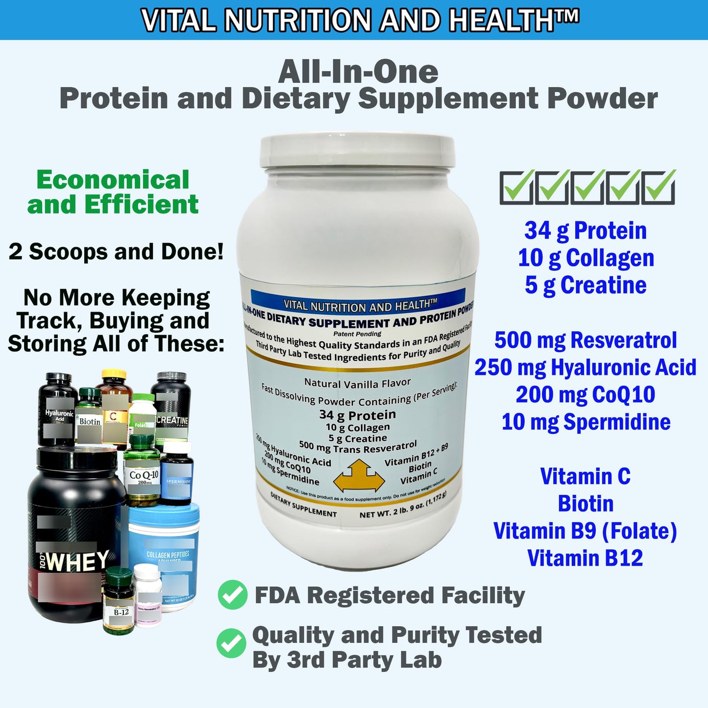 Vital Nutrition and Health All-in-One Powder: Protein, Collagen, Creatine, Resveratrol, Spermidine, Hyaluronic Acid, CoQ10 + Key Vitamins - dailyvitalstore