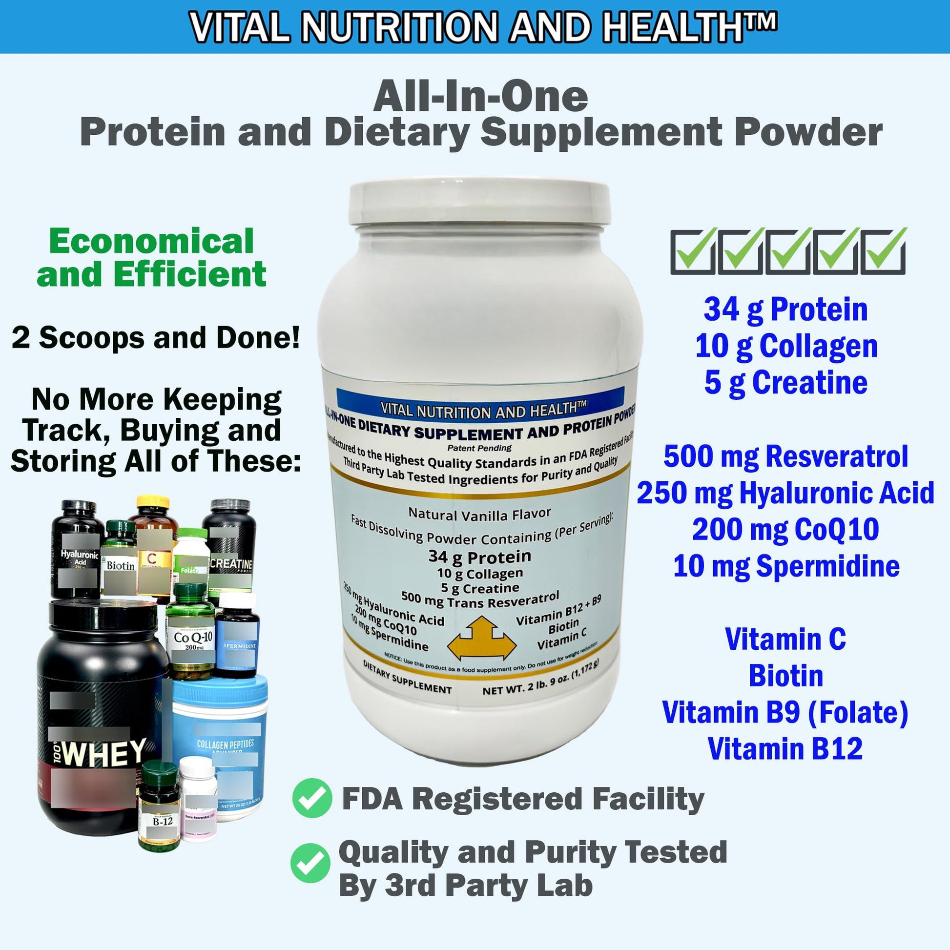 Vital Nutrition and Health All-in-One Powder: Protein, Collagen, Creatine, Resveratrol, Spermidine, Hyaluronic Acid, CoQ10 + Key Vitamins - dailyvitalstore