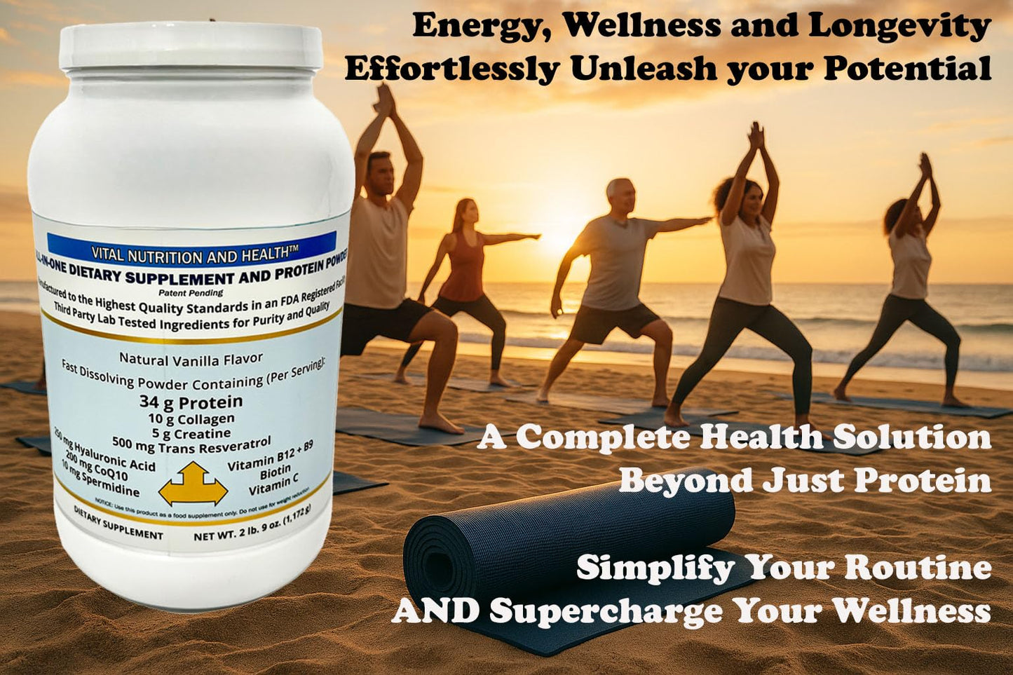 Vital Nutrition and Health All-in-One Powder: Protein, Collagen, Creatine, Resveratrol, Spermidine, Hyaluronic Acid, CoQ10 + Key Vitamins - dailyvitalstore