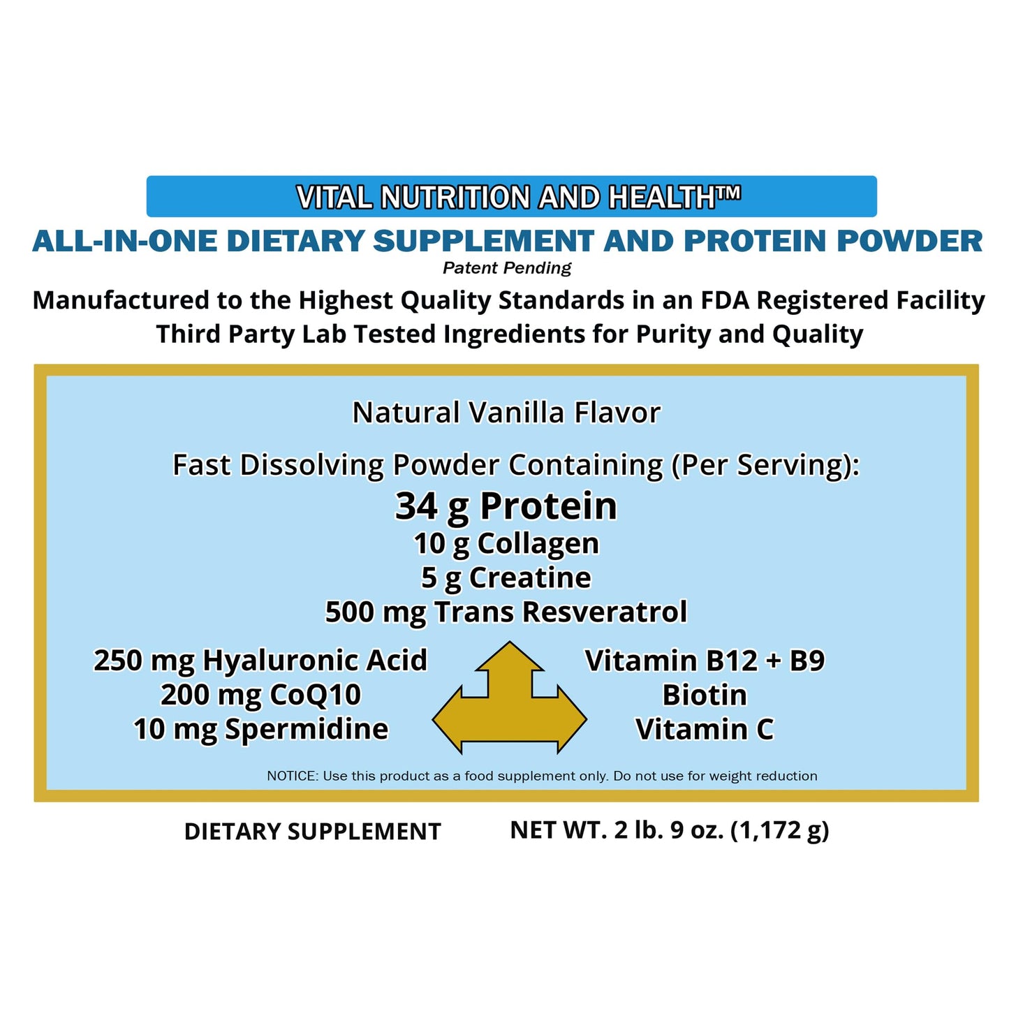 Vital Nutrition and Health All-in-One Powder: Protein, Collagen, Creatine, Resveratrol, Spermidine, Hyaluronic Acid, CoQ10 + Key Vitamins - dailyvitalstore