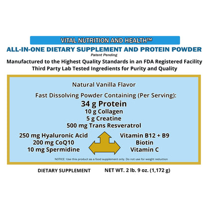 Vital Nutrition and Health All-in-One Powder: Protein, Collagen, Creatine, Resveratrol, Spermidine, Hyaluronic Acid, CoQ10 + Key Vitamins - dailyvitalstore