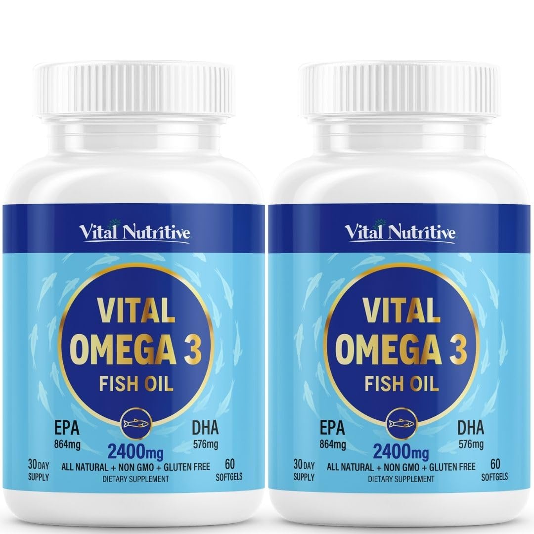 Vital Omega 3 Fish Oil Supplements 2400mg | 864mg EPA & 576mg DHA | 1440mg Total Omega-3 Fatty Acids | Promotes Brain & Heart Health | Non-GMO, Gluten-Free, Sugar-Free | Lemon | 60 Day Servings - dailyvitalstore